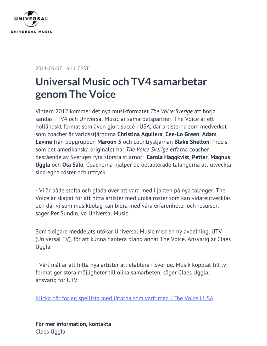 Universal Music Och TV4 Samarbetar Genom the Voice