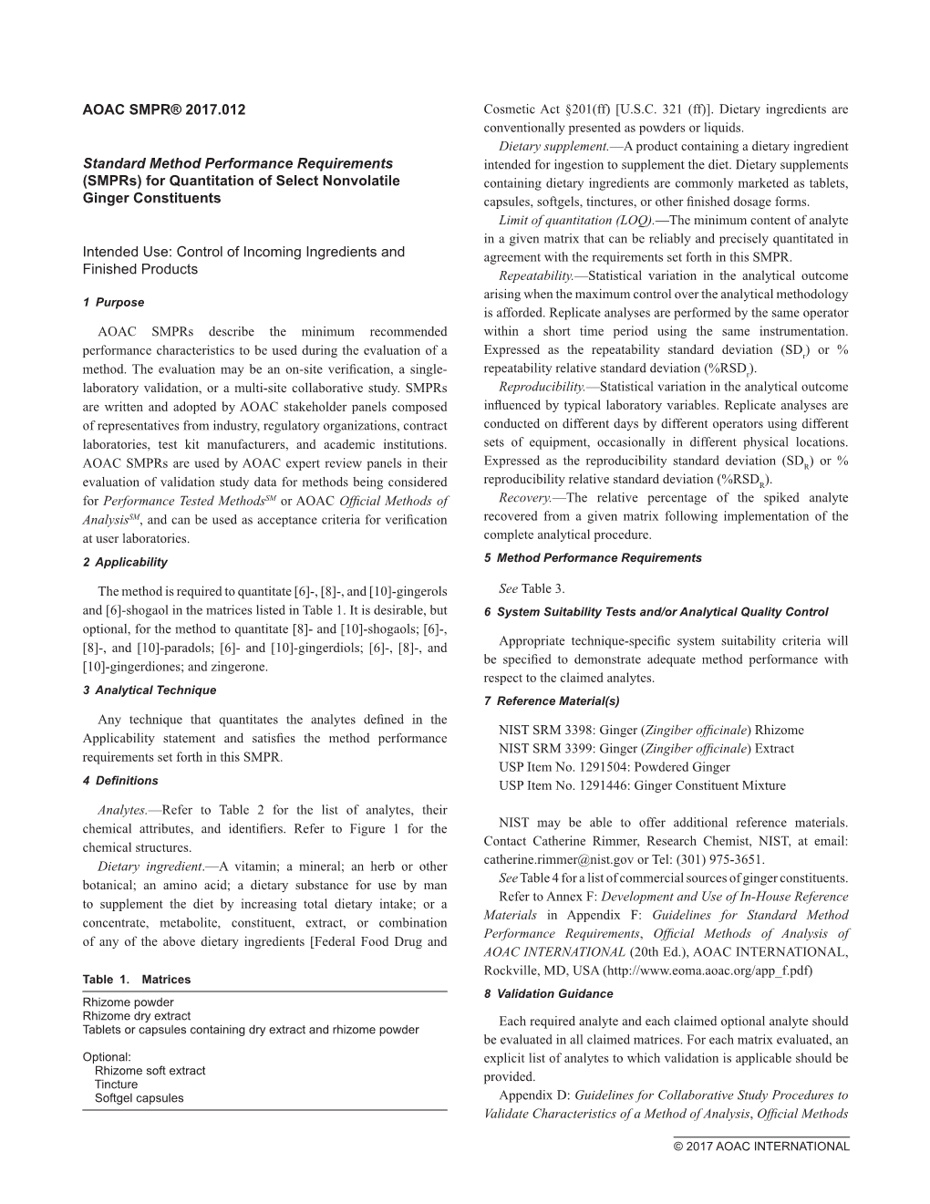 AOAC SMPR® 2017.012 Standard Method Performance Requirements