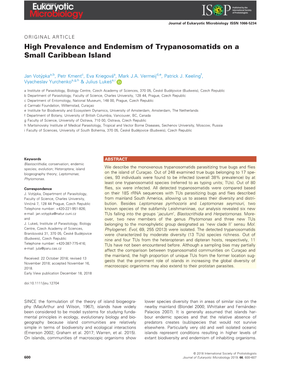 High Prevalence and Endemism of Trypanosomatids on a Small Caribbean Island