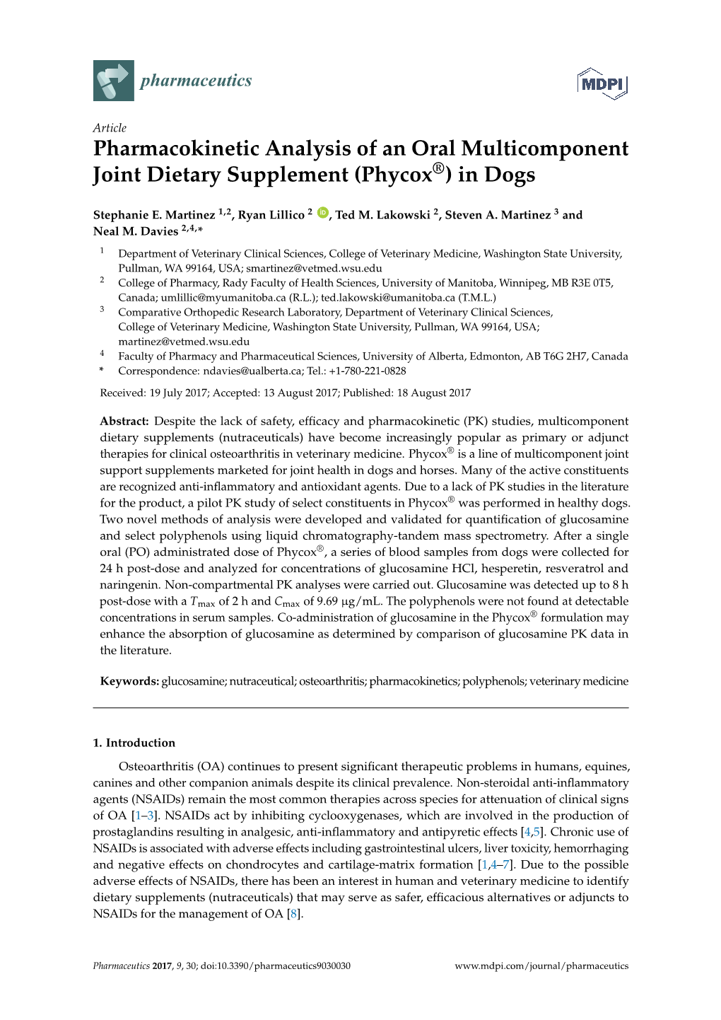 Pharmacokinetic Analysis of an Oral Multicomponent Joint Dietary Supplement (Phycox®) in Dogs