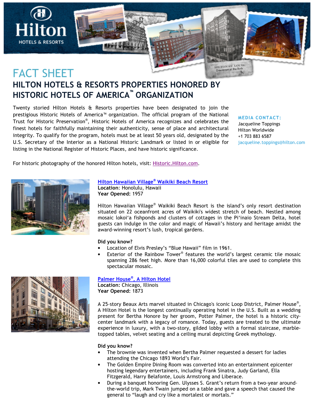 Fact Sheet Hilton Hotels & Resorts Properties Honored by ™ Historic Hotels of America Organization
