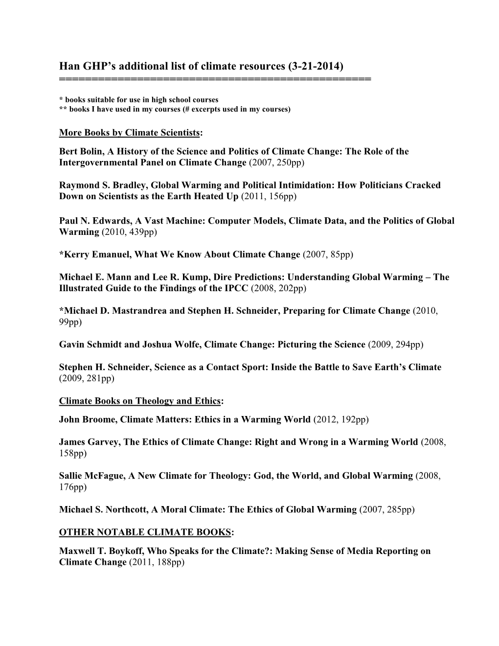 Han GHP's Additional List of Climate Resources (3-21-2014