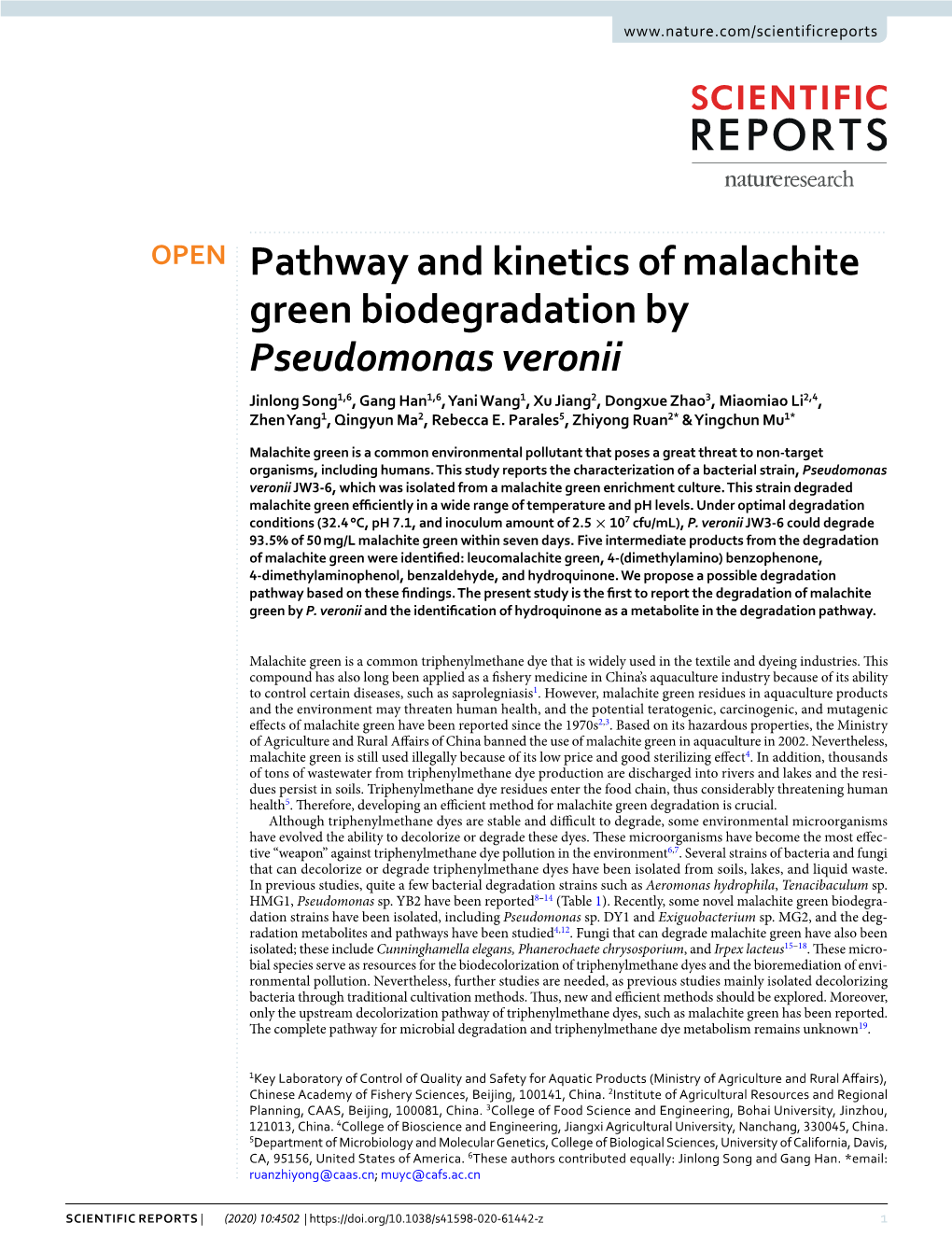 Pathway and Kinetics of Malachite Green Biodegradation By