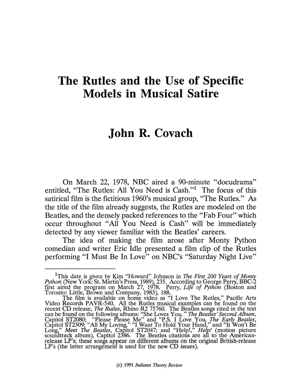 The Rutles and the Use of Specific Models in Musical Satire John R