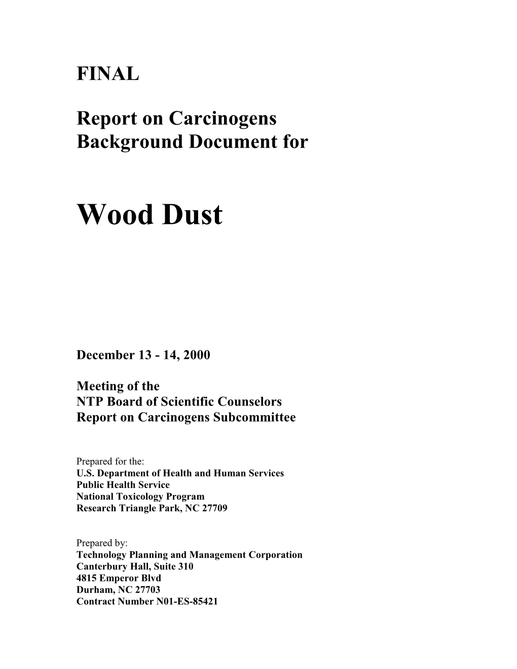 Roc Background Document: Wood Dust; Dec. 13-14, 2000