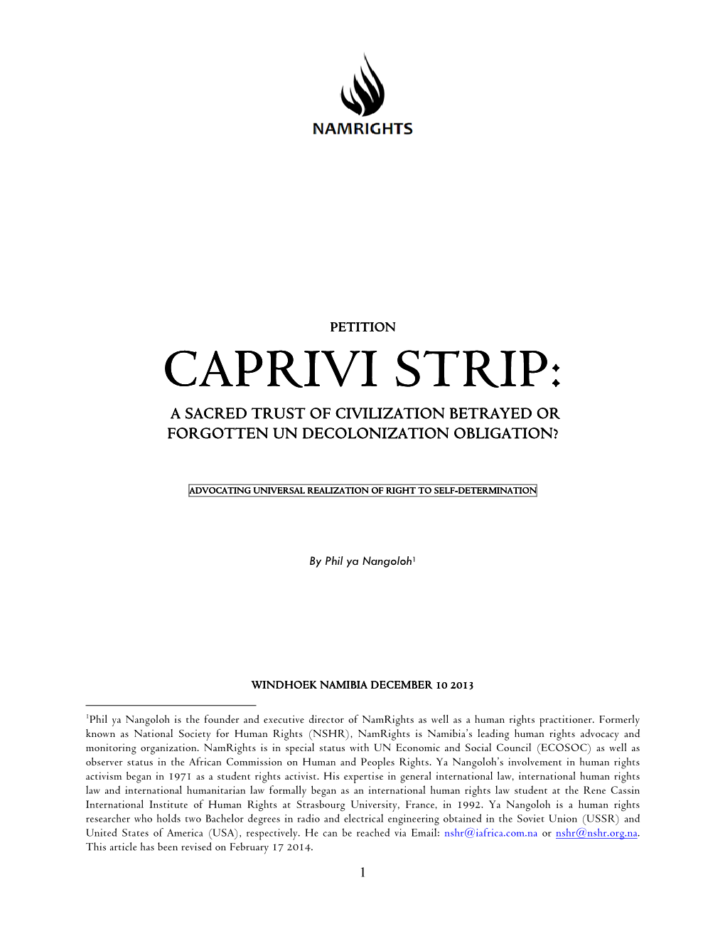 Caprivi Strip: a Sacred Trtruuuustst of Civilization Betrayed Or Ffforgottenforgotten Un Decolonization Obligationobligation????