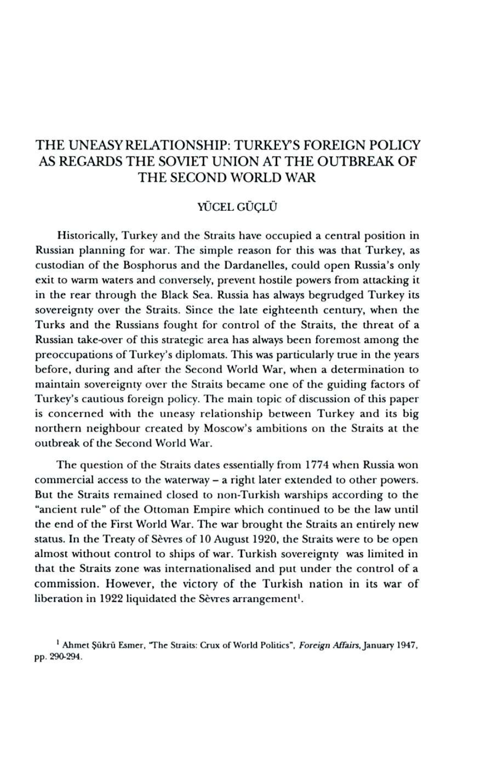 Turkey's Foreign Policy As Regards the Soviet Union at the Outbreak of the Second World War