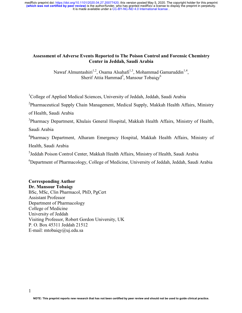 Assessment of Adverse Events Reported to the Poison Control and Forensic Chemistry Center in Jeddah, Saudi Arabia