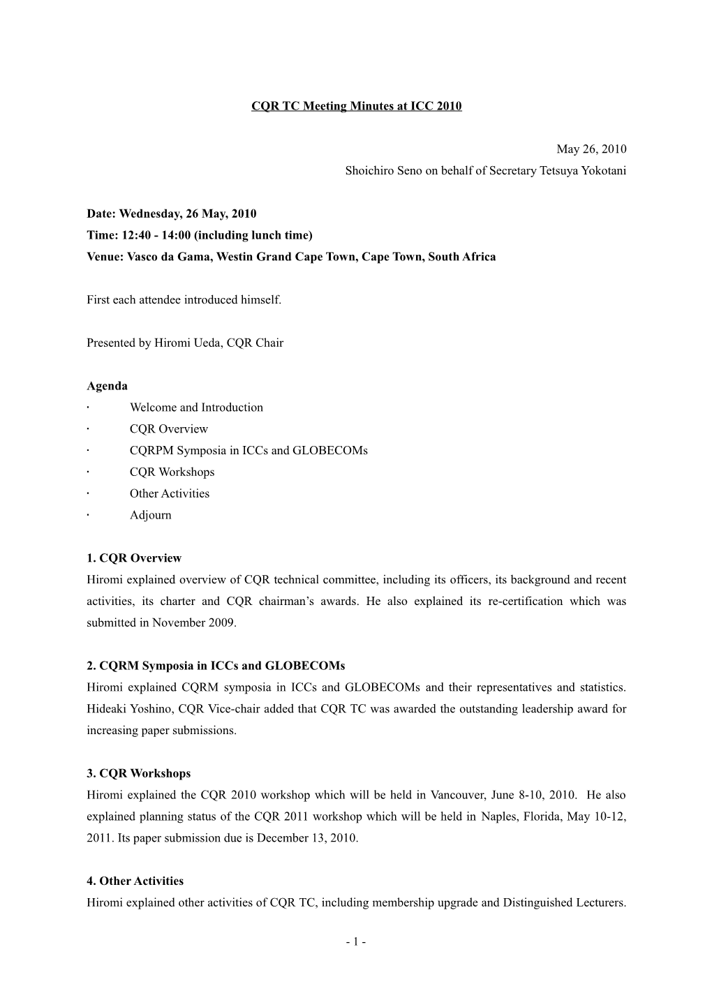 CQR TC Meeting Minutes at ICC 2010