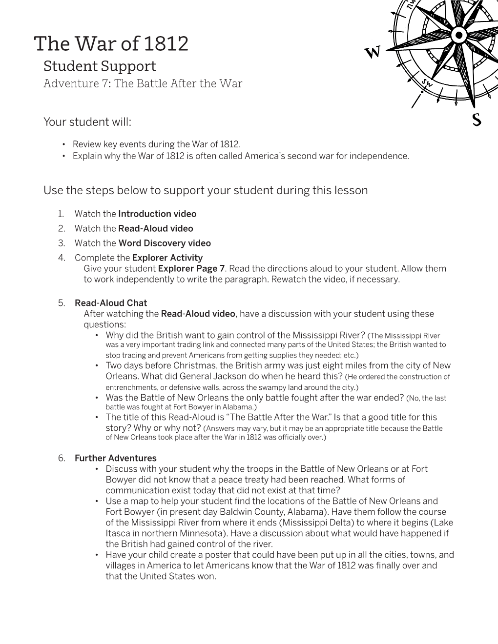 The War of 1812 Student Support Adventure 7: the Battle After the War