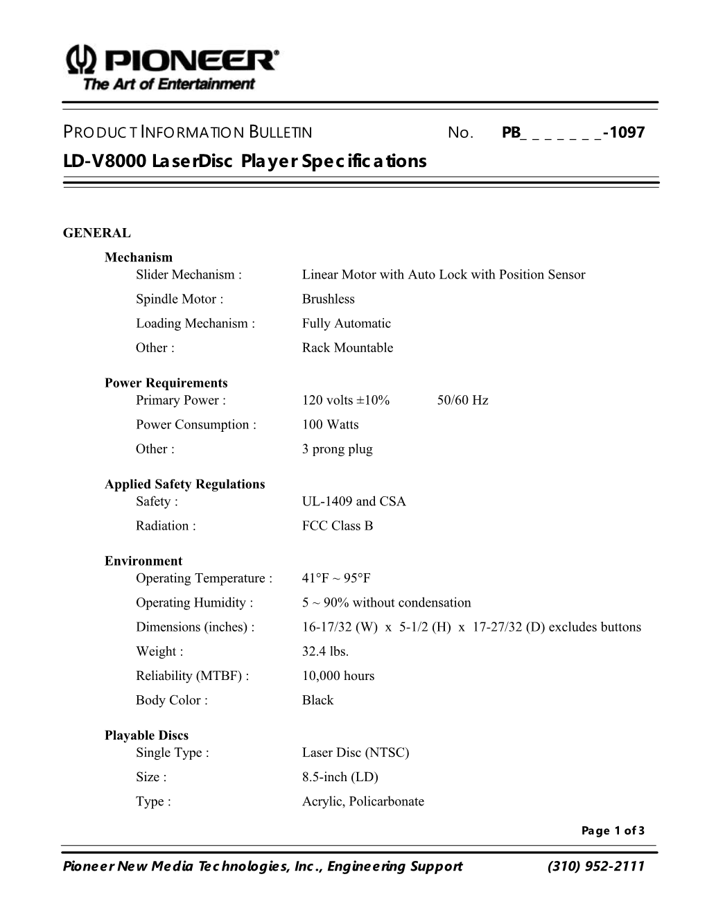 LD-V8000 Laserdisc Player Specifications