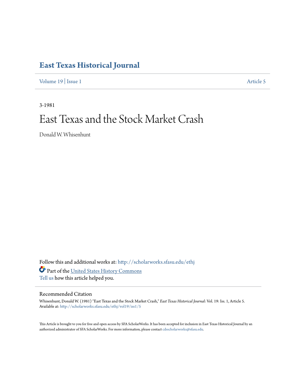 East Texas and the Stock Market Crash Donald W