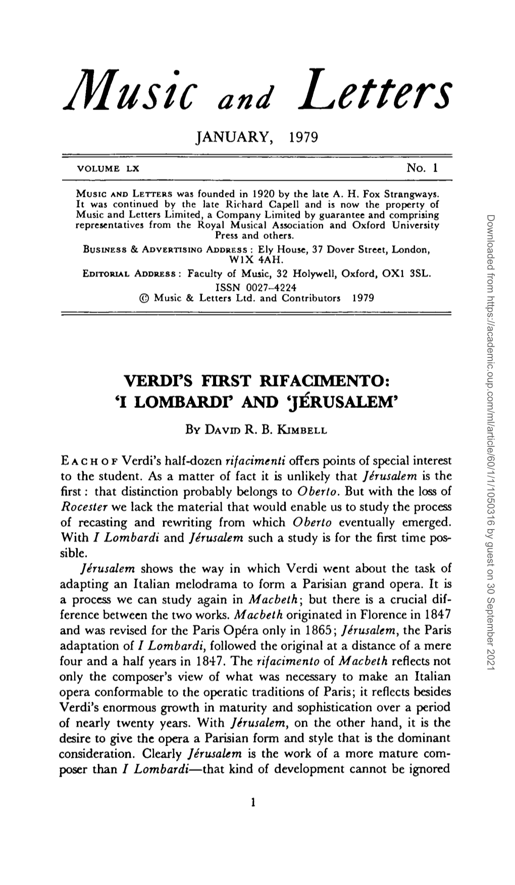 Verdi's First Rifacimento:'I Lombardi'and 'Jérusalem'