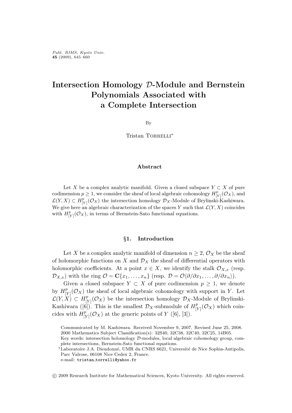 Intersection Homology D-Module and Bernstein Polynomials Associated with a Complete Intersection