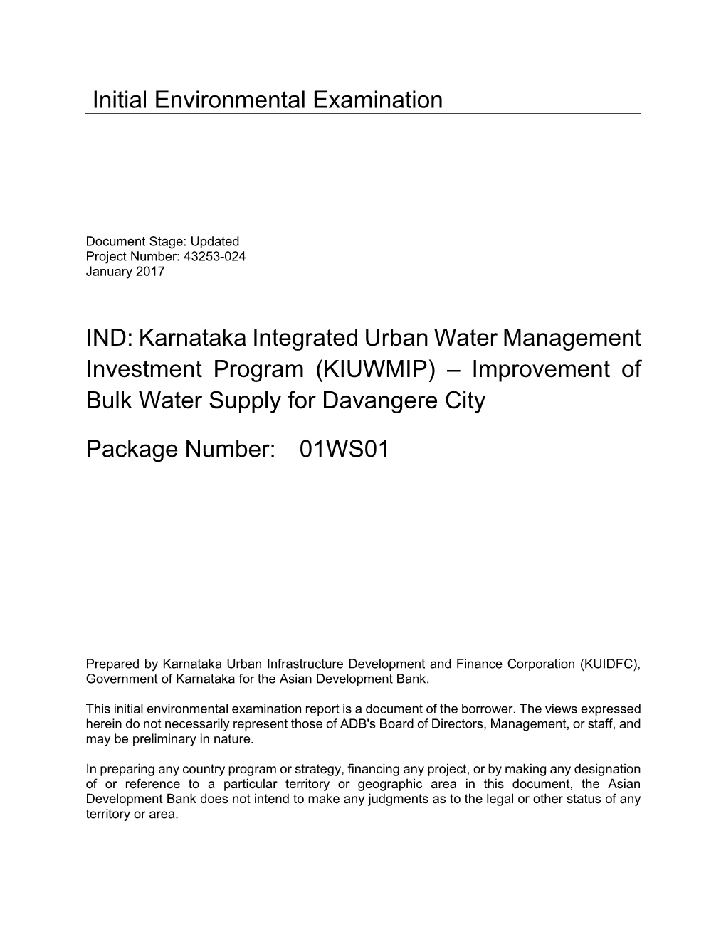 Karnataka Integrated Urban Water Management Investment Program (KIUWMIP) – Improvement Of