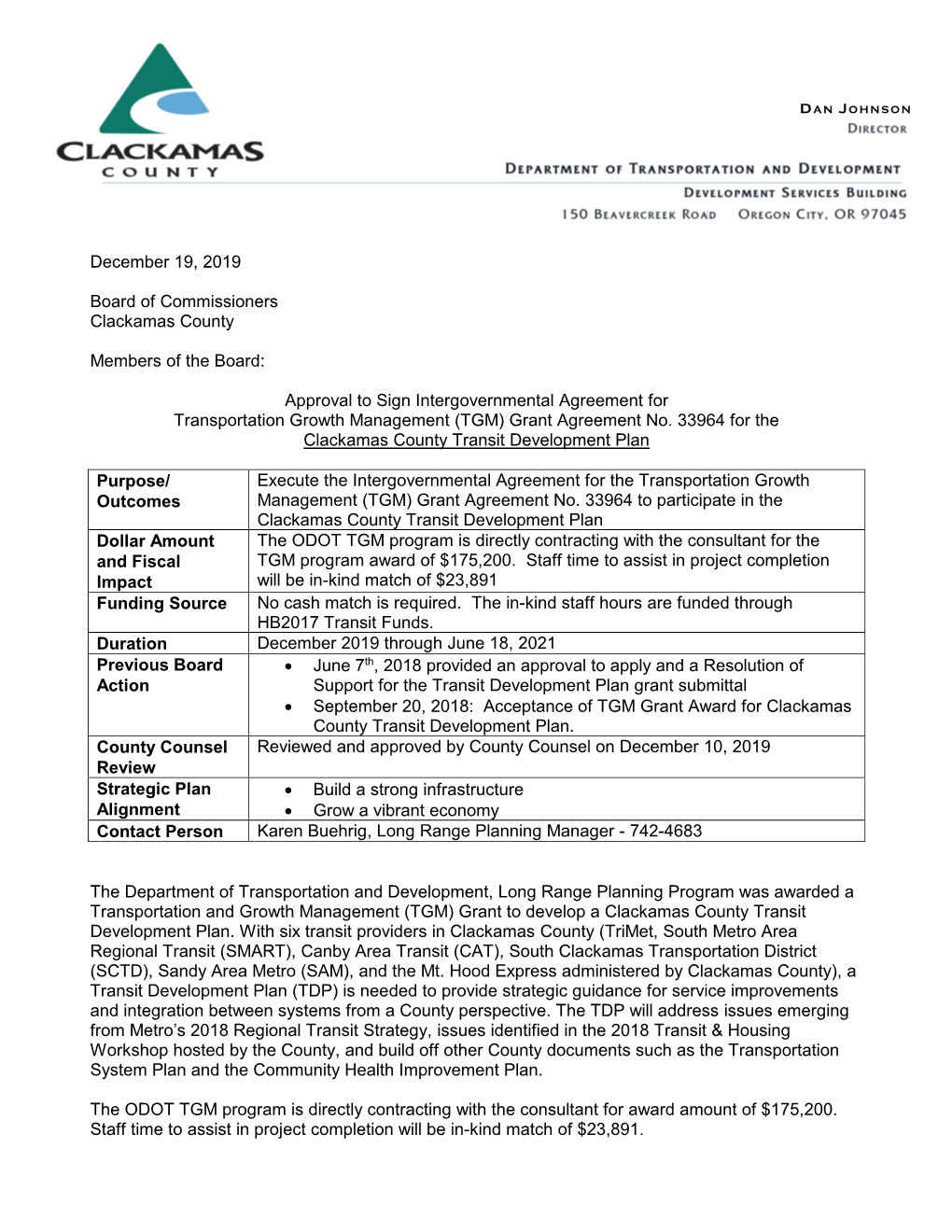 Approval to Sign Intergovernmental Agreement for Transportation Growth Management (TGM) Grant Agreement No