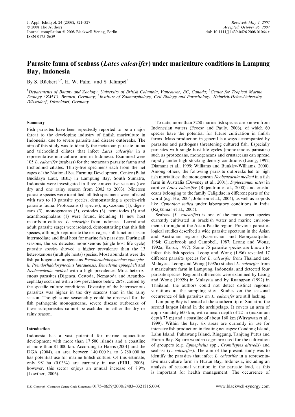 Parasite Fauna of Seabass (Lates Calcarifer) Under Mariculture Conditions in Lampung Bay, Indonesia by S