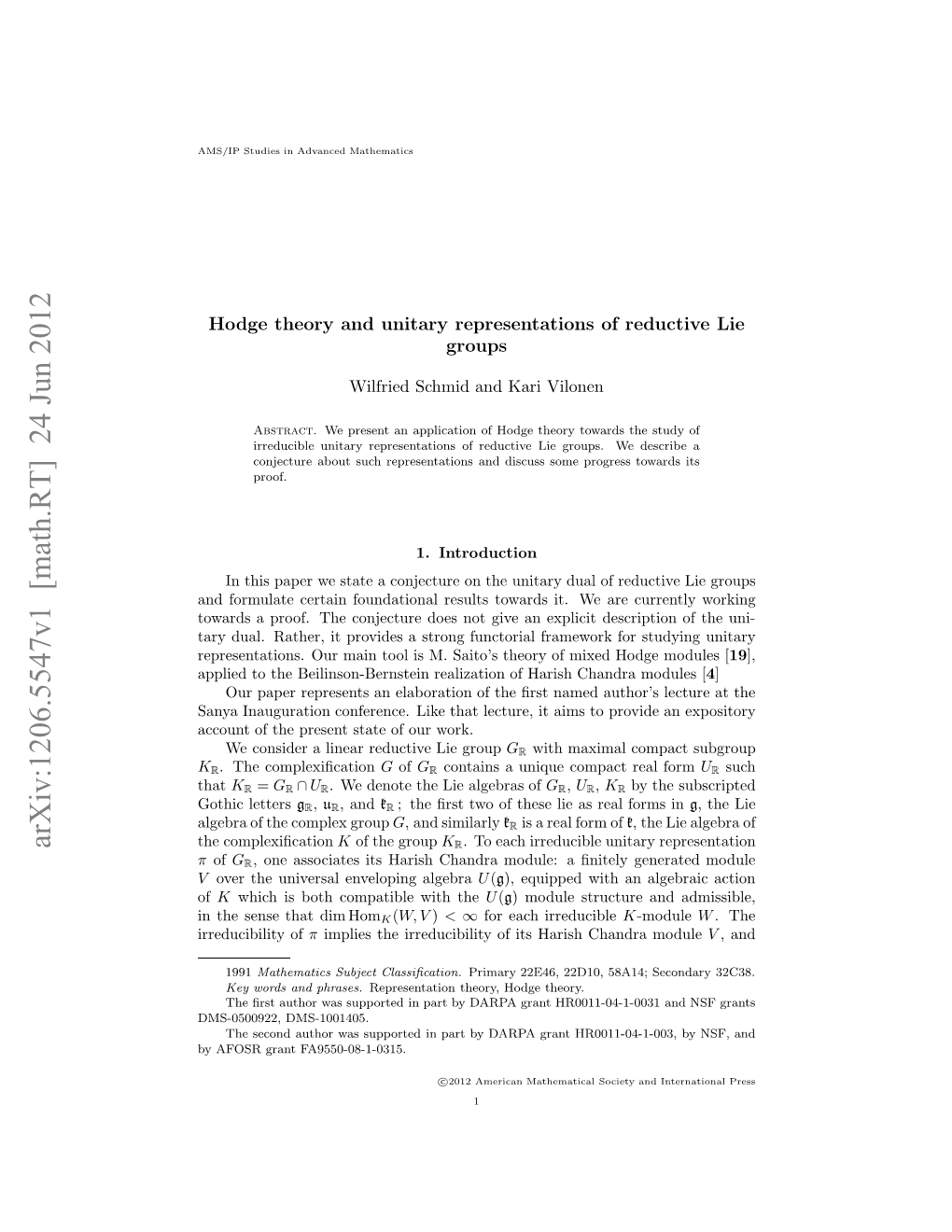 HODGE THEORY and UNITARY REPRESENTATIONS of REDUCTIVE LIE GROUPS 3 Most Important