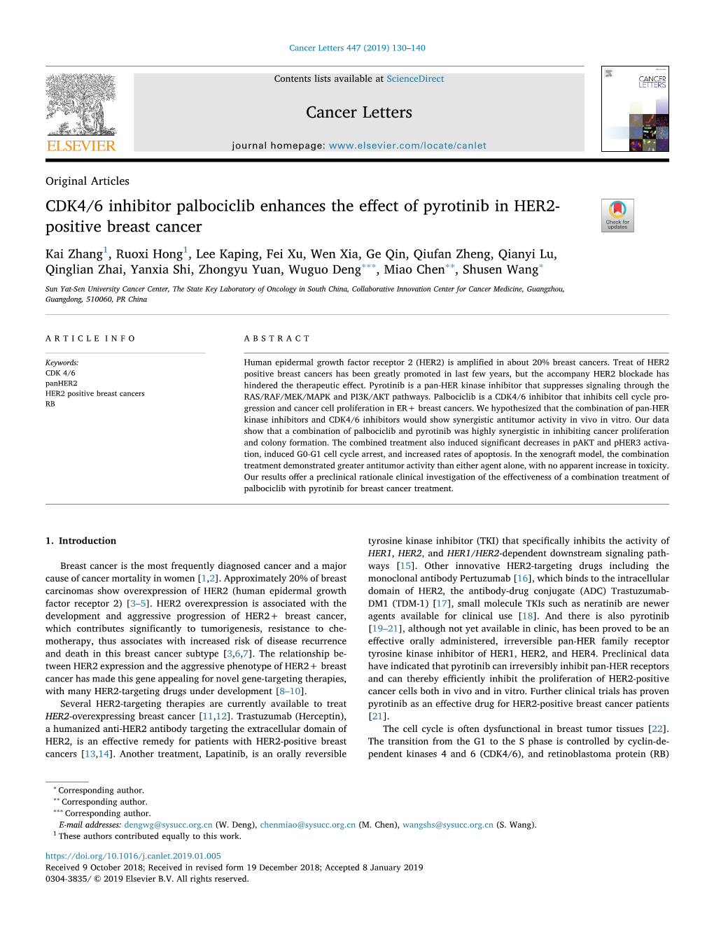 CDK4/6 Inhibitor Palbociclib Enhances the Effect of Pyrotinib in HER2