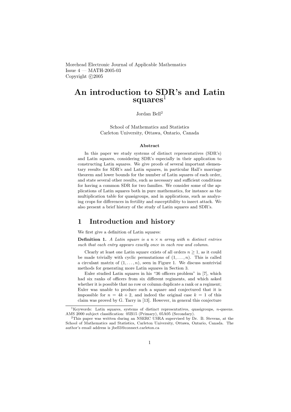 An Introduction to SDR's and Latin Squares