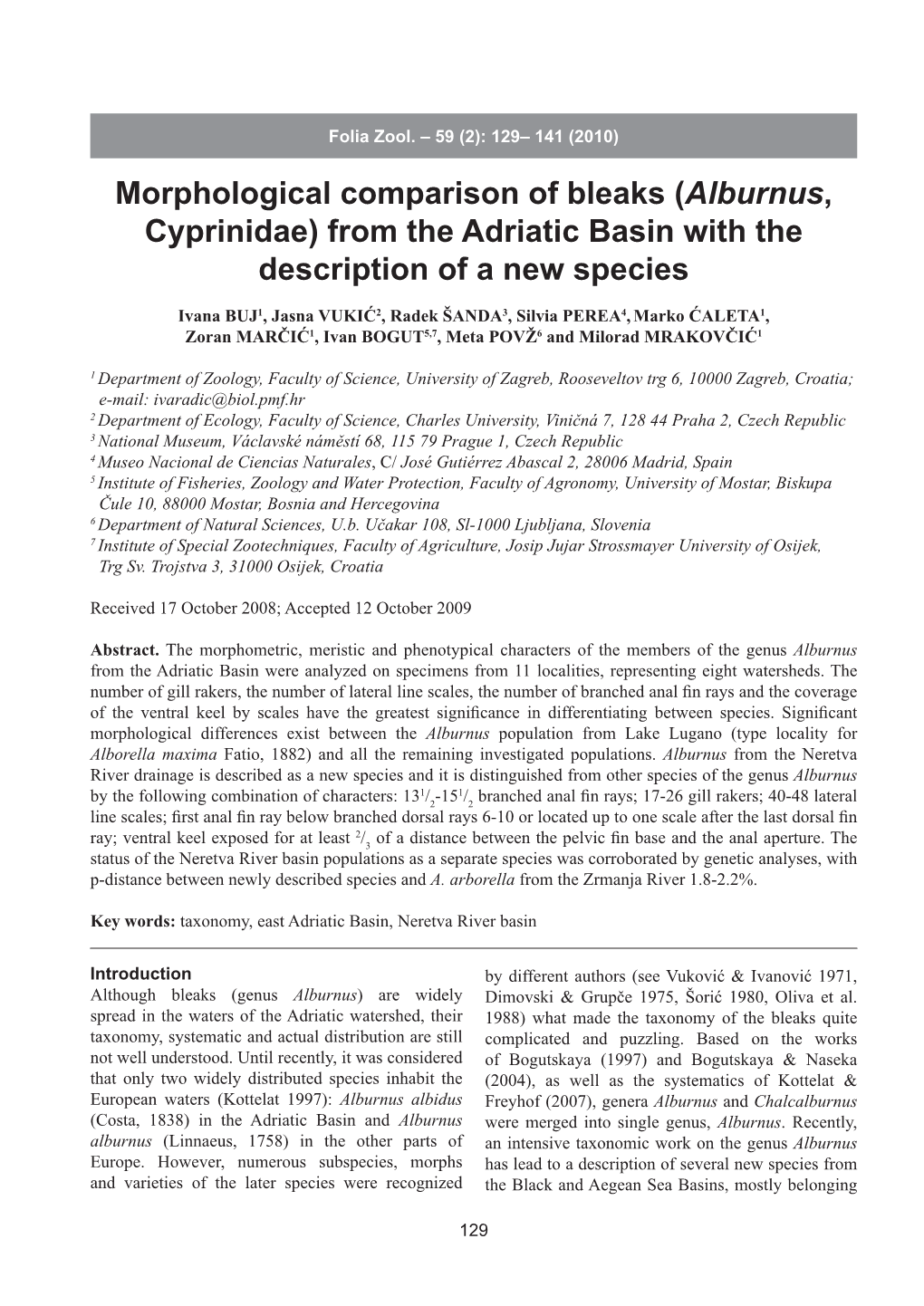 Morphological Comparison of Bleaks (Alburnus, Cyprinidae) from the Adriatic Basin with the Description of a New Species