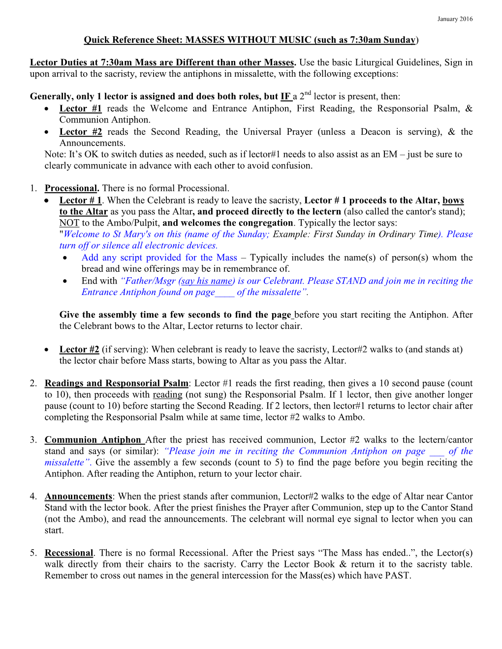 St. Mary Lector Quick Reference Sheet Masses Without Music