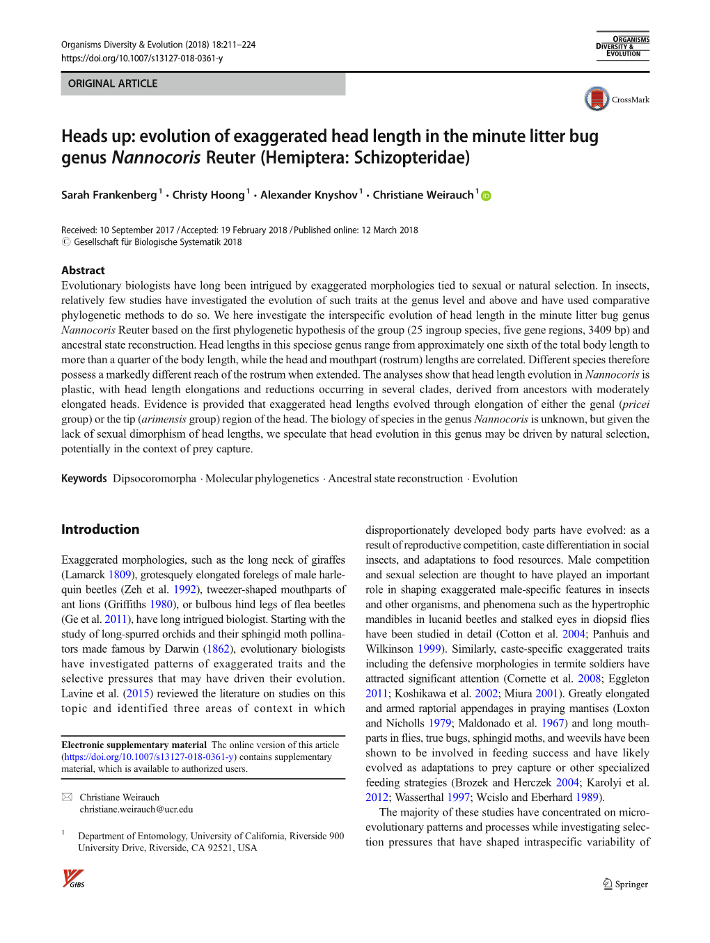 Heads Up: Evolution of Exaggerated Head Length in the Minute Litter Bug Genus Nannocoris Reuter (Hemiptera: Schizopteridae)