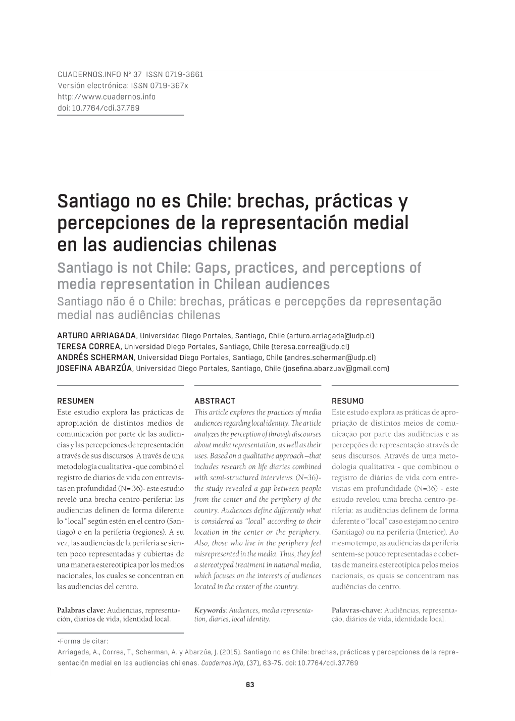 Santiago No Es Chile: Brechas, Prácticas Y Percepciones De La Representación Medial En Las Audiencias Chilenas