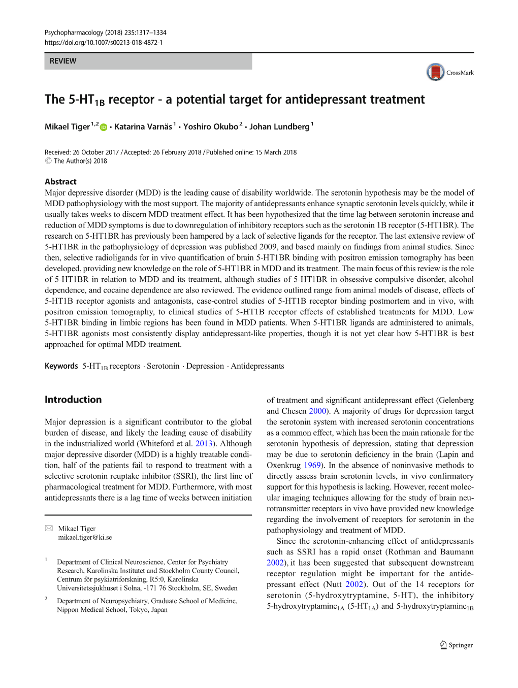 The 5-HT1B Receptor - a Potential Target for Antidepressant Treatment