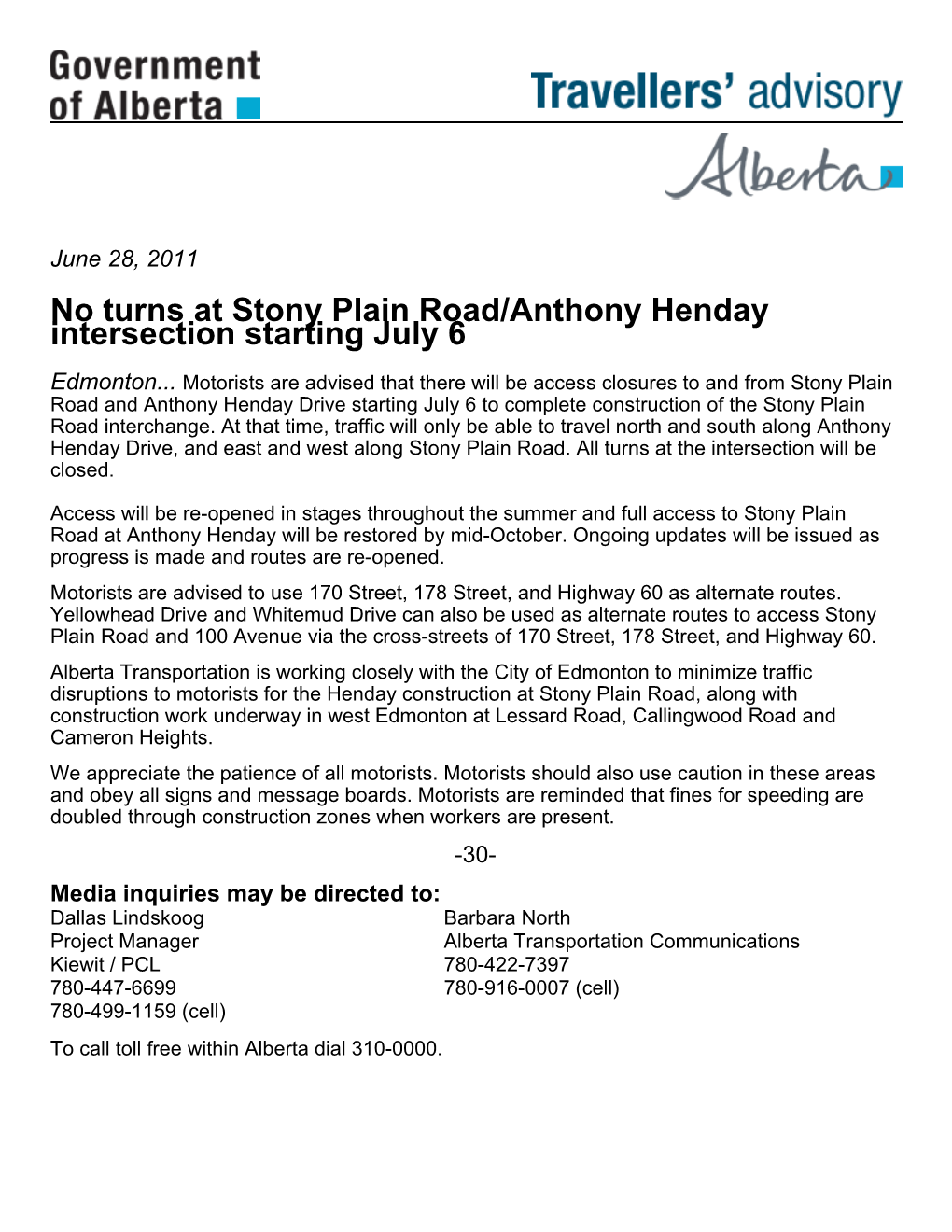 No Turns at Stony Plain Road/Anthony Henday Intersection Starting July 6
