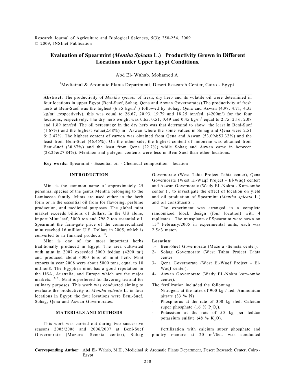 Evaluation of Spearmint (Mentha Spicata L.) Productivity Grown in Different Locations Under Upper Egypt Conditions