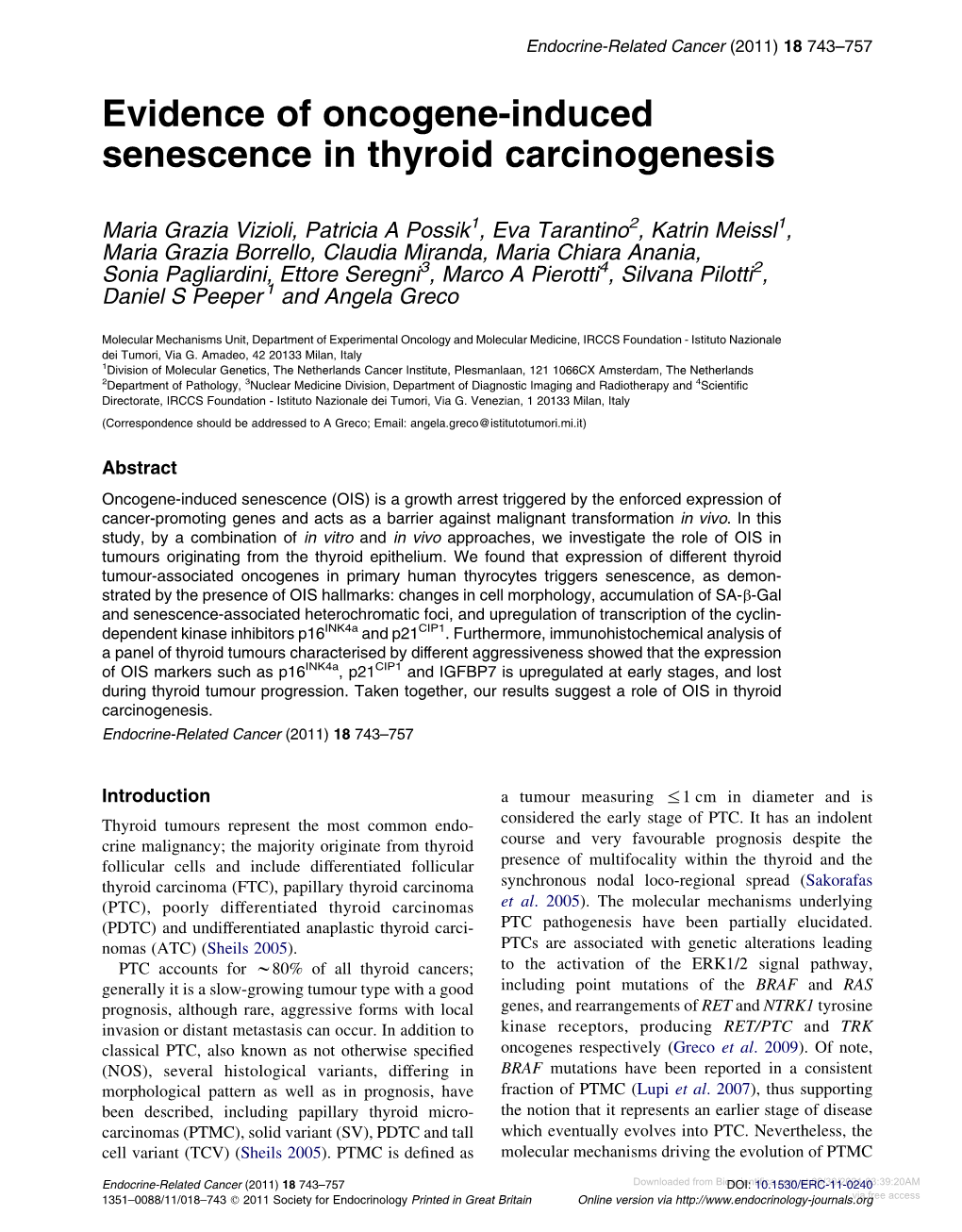 Evidence of Oncogene-Induced Senescence in Thyroid Carcinogenesis