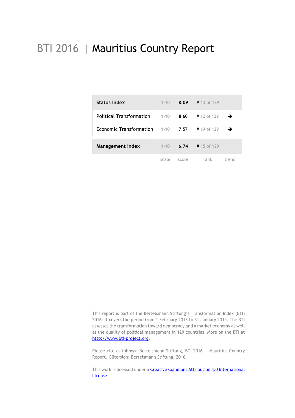 Mauritius Country Report BTI 2016