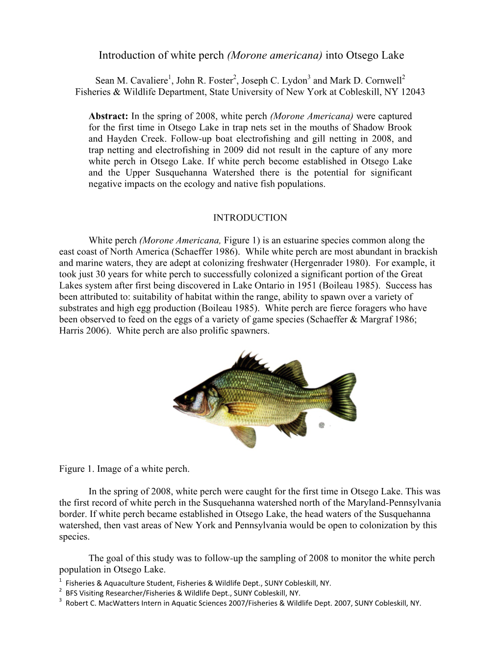 Introduction of White Perch (Morone Americana) Into Otsego Lake