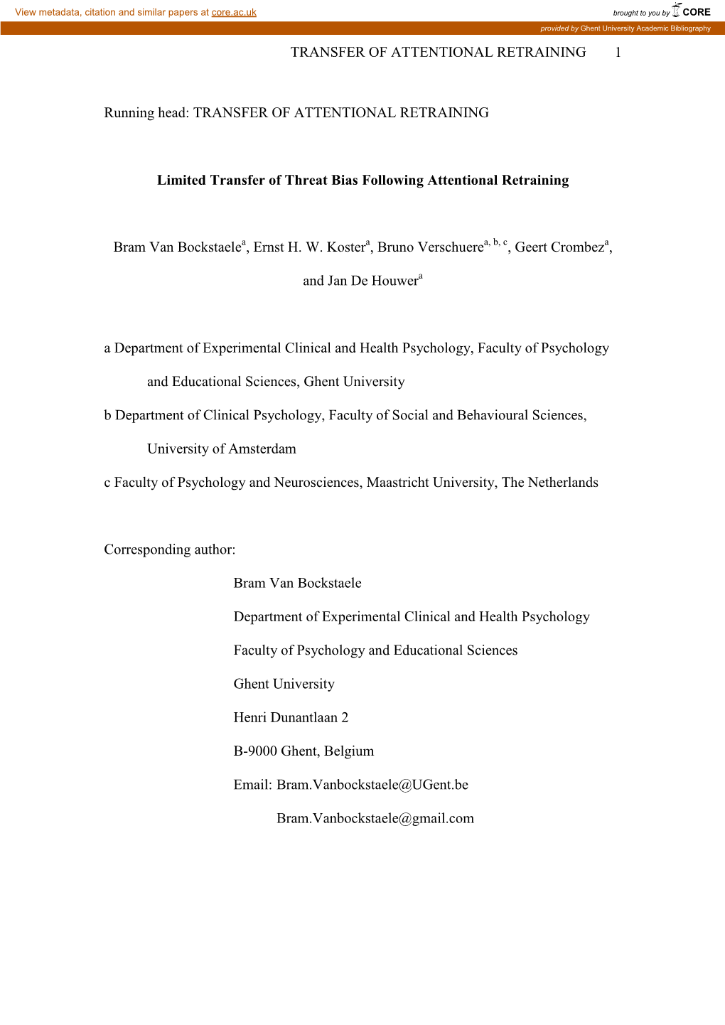 TRANSFER of ATTENTIONAL RETRAINING 1 Running