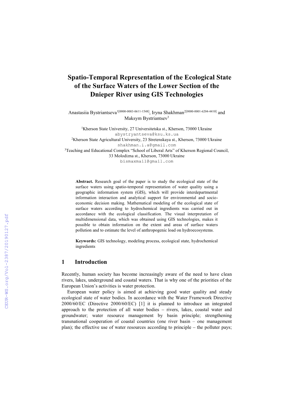 Spatio-Temporal Representation of the Ecological State of the Surface Waters of the Lower Section of the Dnieper River Using GIS Technologies