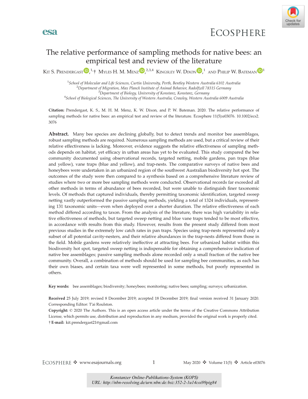 The Relative Performance of Sampling Methods for Native Bees : an Empirical Test and Review of the Literature