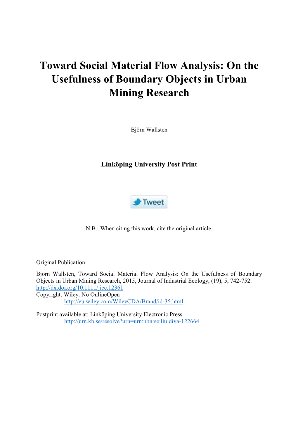 Toward Social Material Flow Analysis: on the Usefulness of Boundary Objects in Urban Mining Research