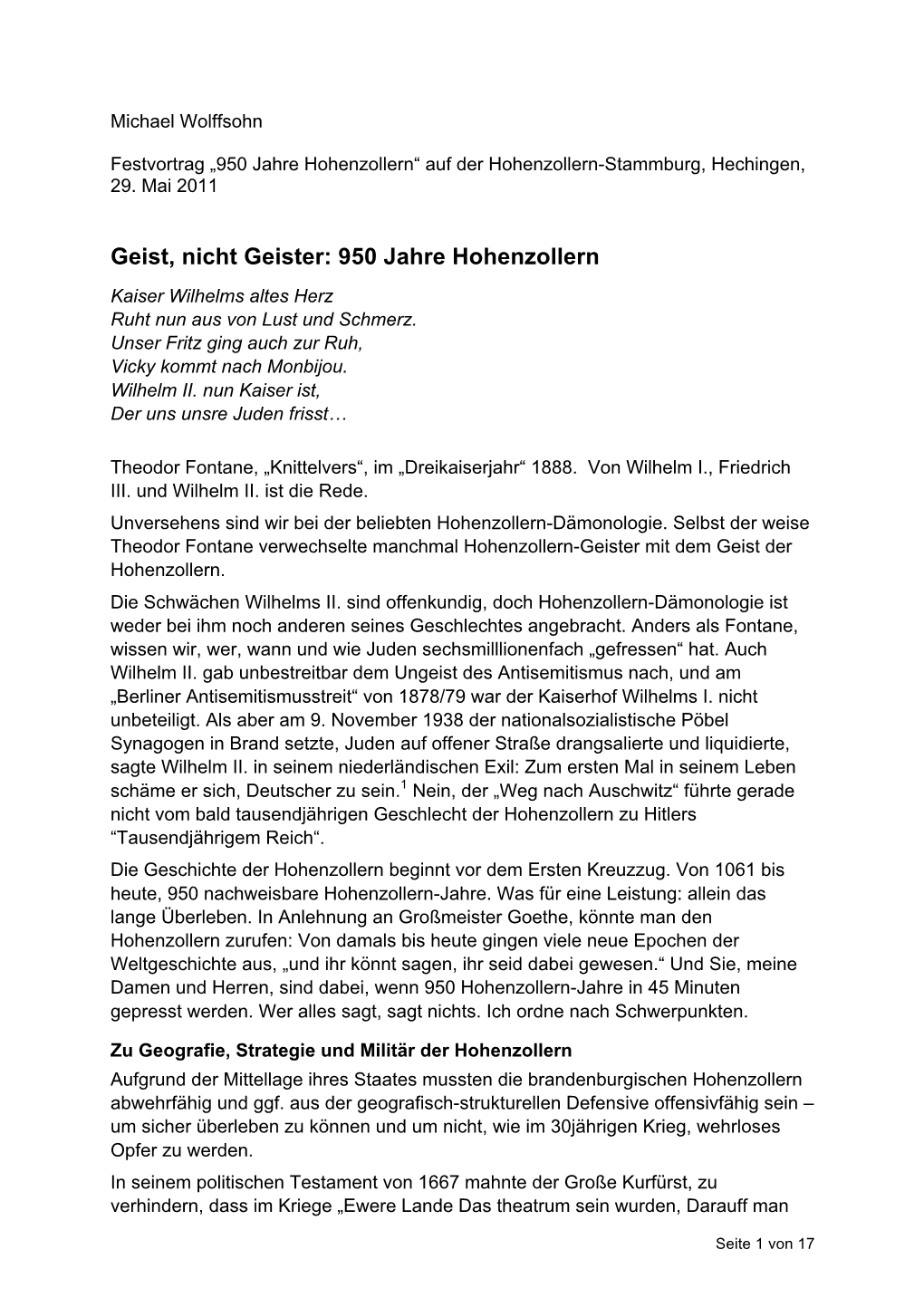 Geist, Nicht Geister: 950 Jahre Hohenzollern Kaiser Wilhelms Altes Herz Ruht Nun Aus Von Lust Und Schmerz