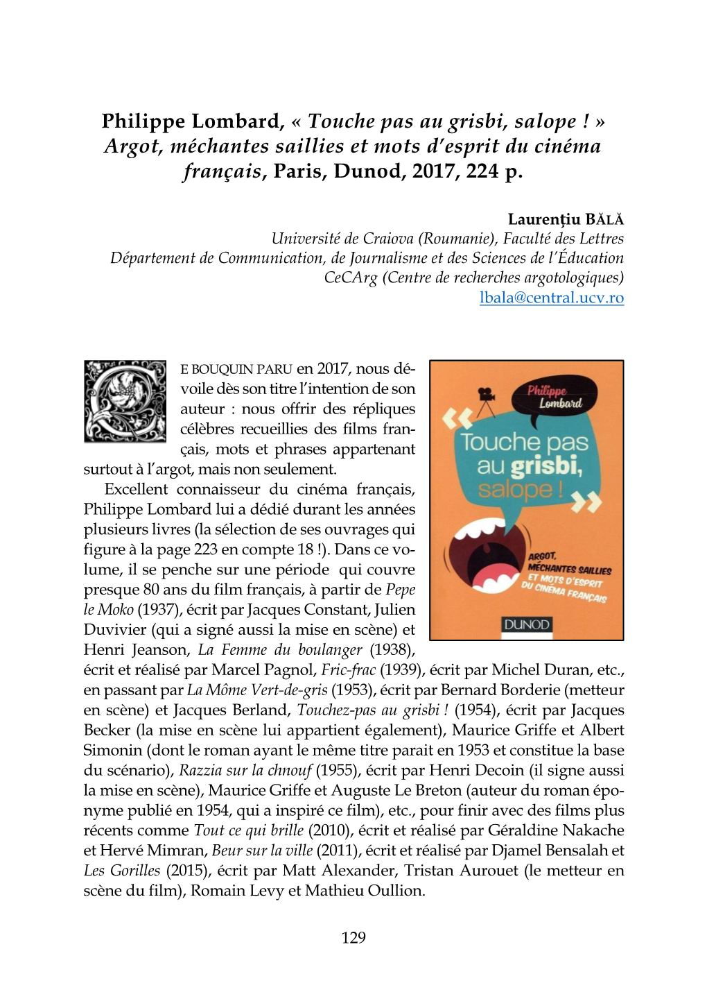 Philippe Lombard, « Touche Pas Au Grisbi, Salope ! » Argot, Méchantes Saillies Et Mots D'esprit Du Cinéma Français, Paris