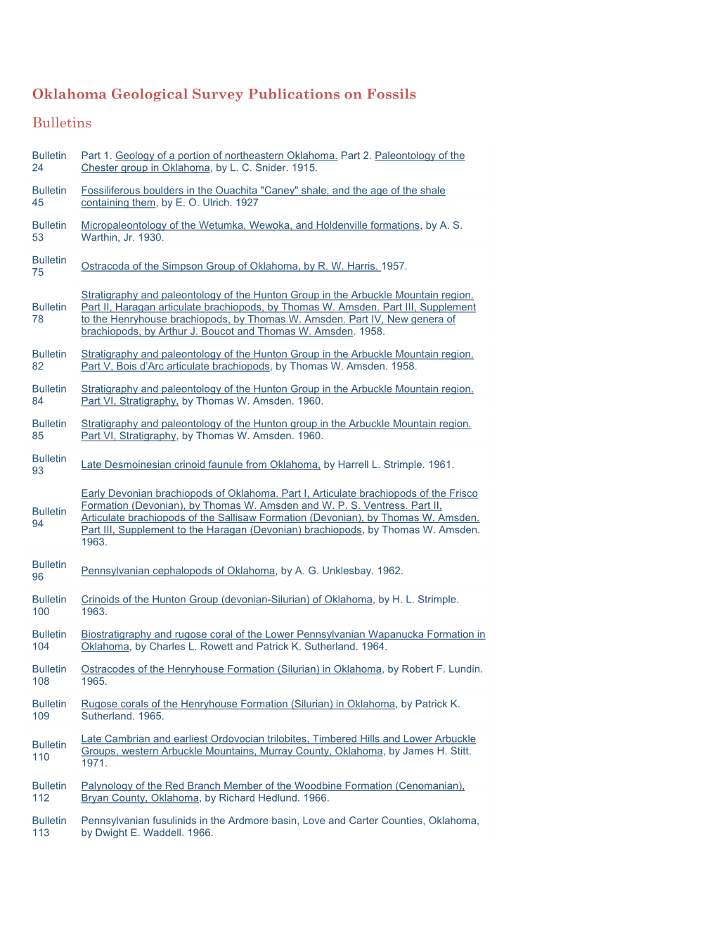 Oklahoma Geological Survey Publications on Fossils Bulletins