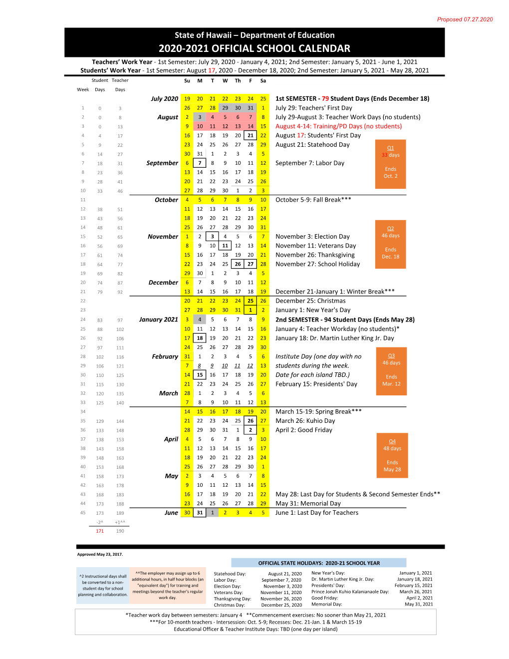 2020-2021 Official School Calendar