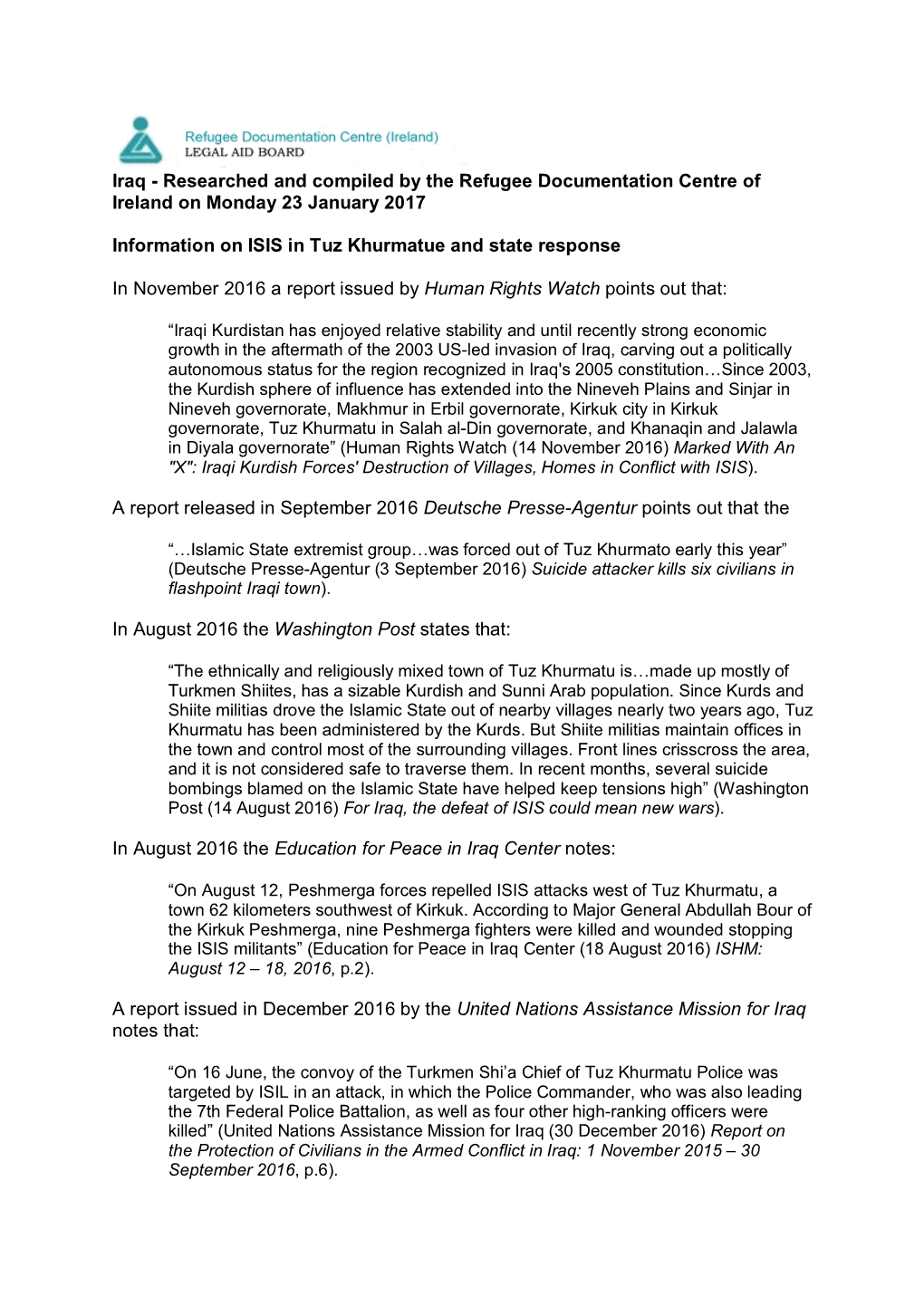 Iraq - Researched and Compiled by the Refugee Documentation Centre of Ireland on Monday 23 January 2017