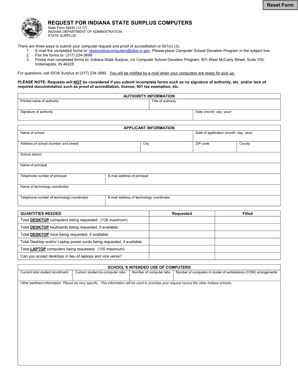 REQUEST for INDIANA STATE SURPLUS COMPUTERS State Form 56445 (12-17) INDIANA DEPARTMENT of ADMINISTRATION STATE SURPLUS