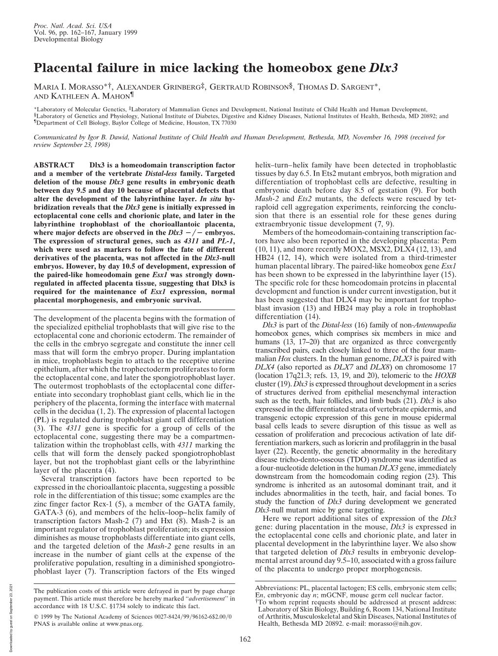 Placental Failure in Mice Lacking the Homeobox Gene Dlx3