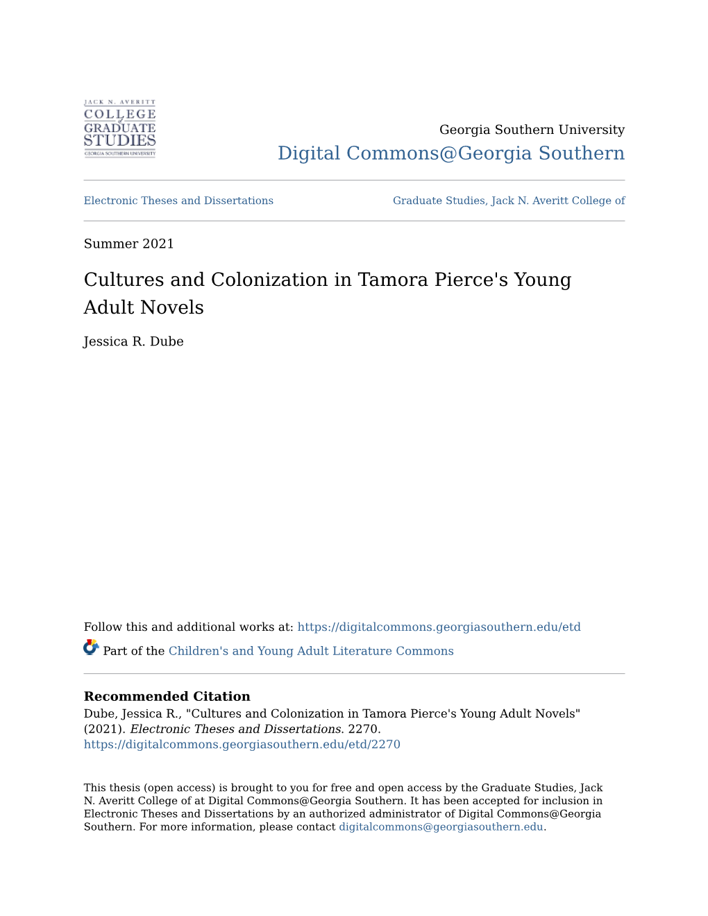 Cultures and Colonization in Tamora Pierce's Young Adult Novels