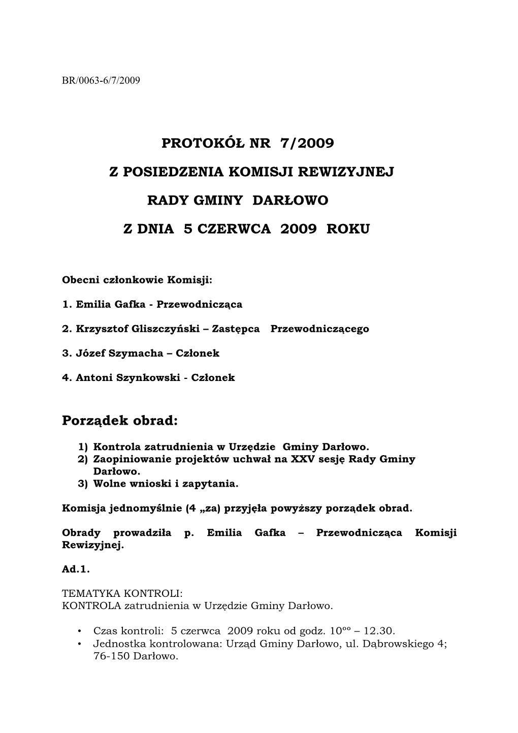 Protokół Z 5 Czerwca 2009 R