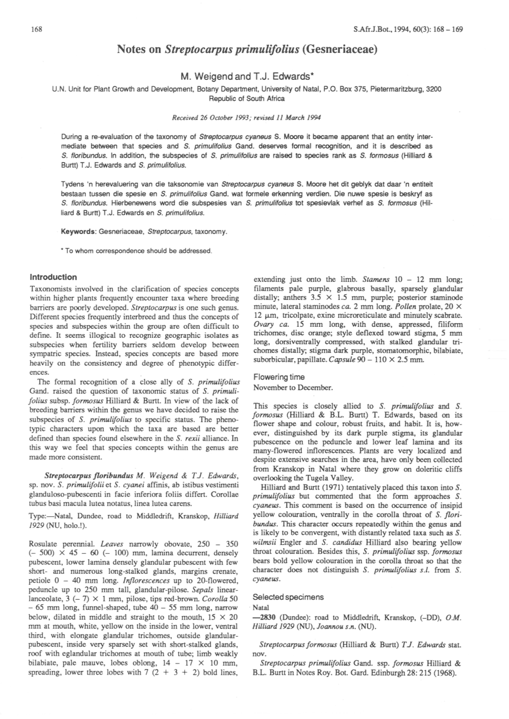 Notes on Streptocarpus Primulifolius (Gesneriaceae)