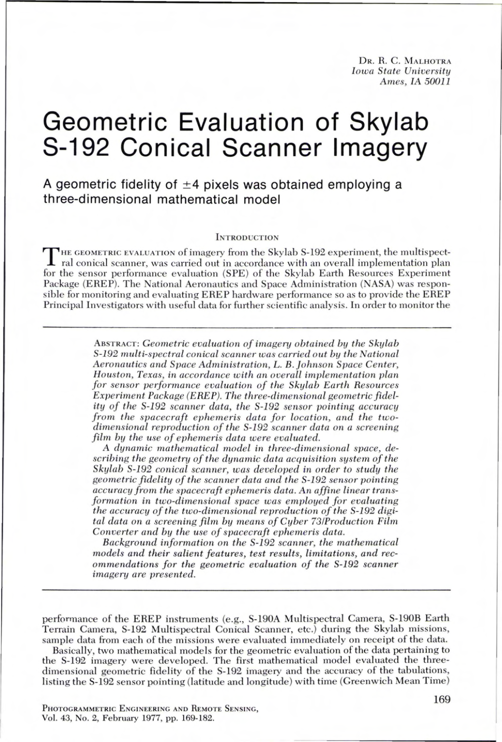 Geometric Evaluation of Skylab S-192 Conical Scanner Imagery