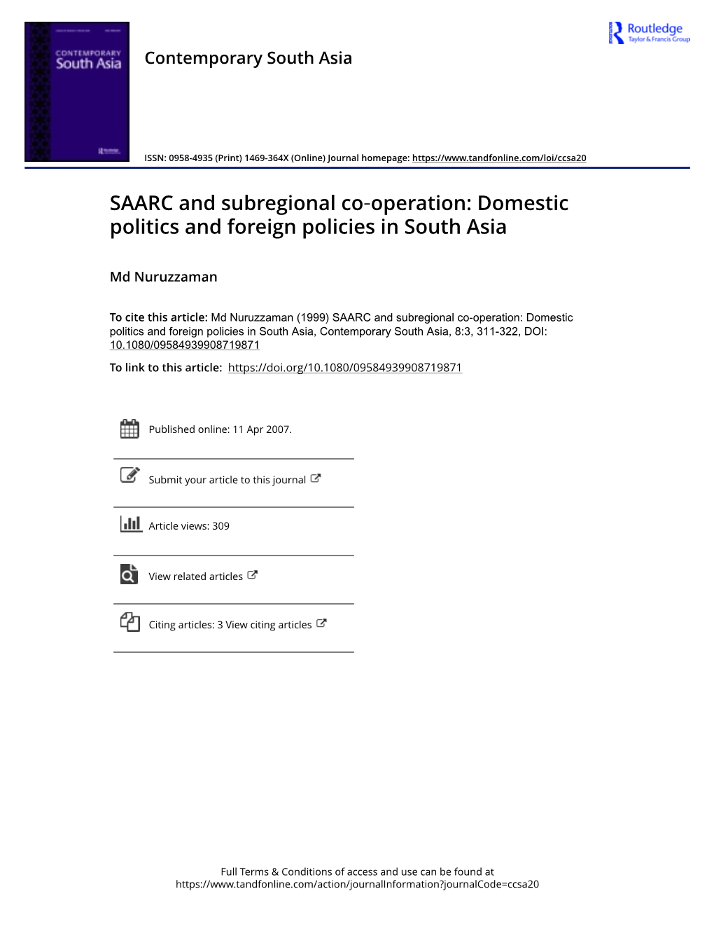SAARC and Subregional Co‐Operation: Domestic Politics and Foreign Policies in South Asia
